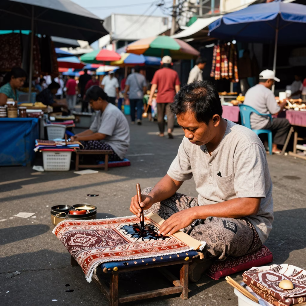 Colorful Surabaya Street Market with Batik Wax and Traditional Praw Fishing Boat in in Surabaya, Indonesia