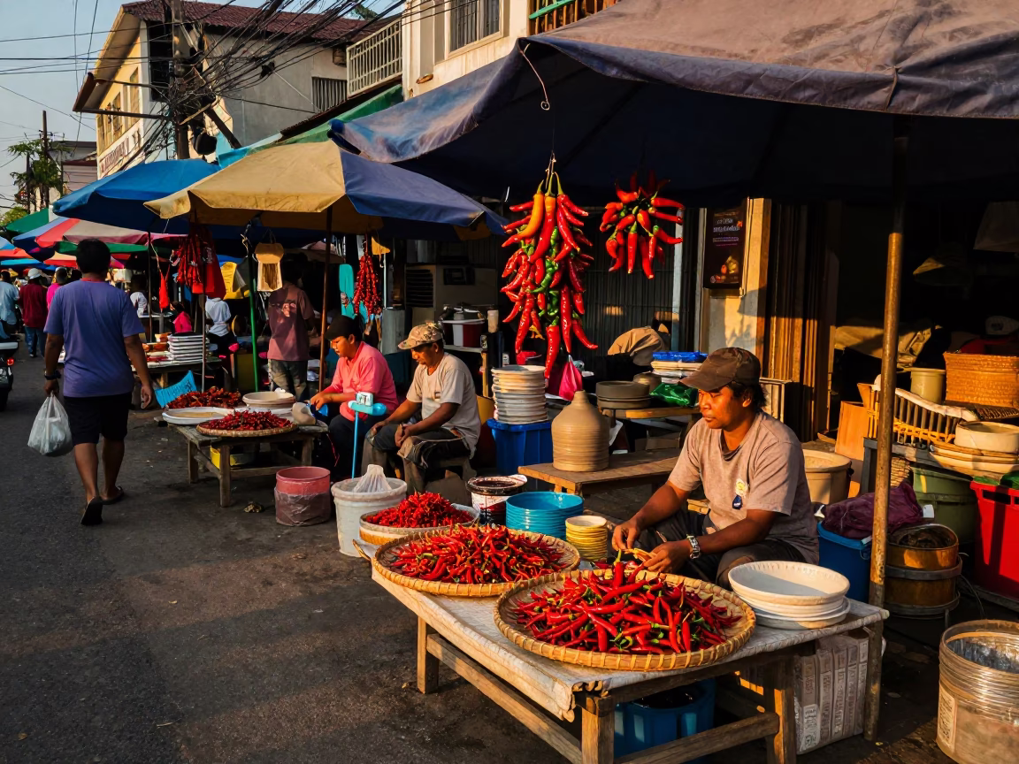 Colorful Surabaya Street Scene with Chili Peppers and Local Market Activity in Evening Light in in Surabaya, Indonesia