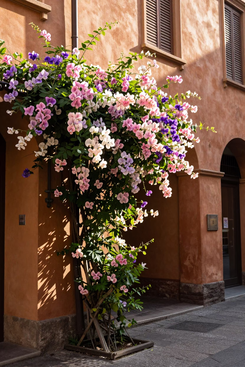 Colorful Sweet Pea Trellis in Bologna Italy Early Afternoon Street Scene in in Bologna, Italy