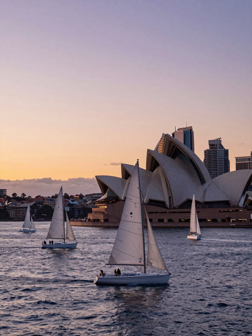 Colorful Sydney Harbour Dawn with Sailing Boats and City Skyline in in Sydney, New South Wales, Australia
