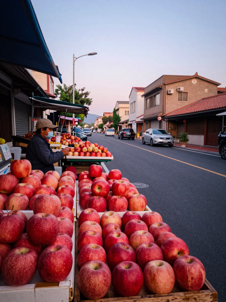 Colorful Tainan Taiwan Early Morning Street Scene with Apples and Pin Tin Vendor in in Tainan, Taiwan