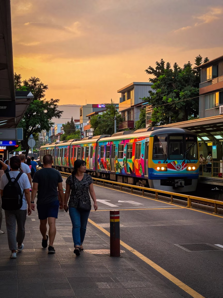 Colorful Taipei Street Scene at Sunset with Metro Train and Plumeria Petals in in Taipei, Taiwan