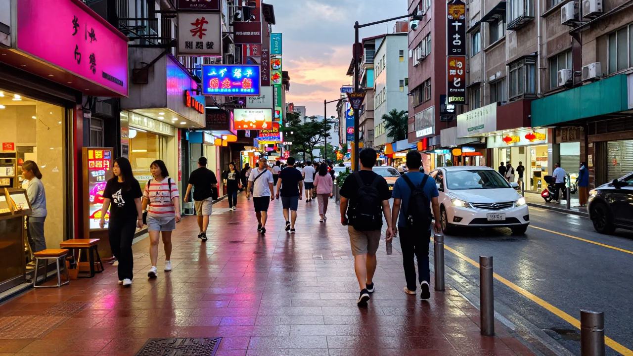 Colorful Taipei Street Scene Early Evening with Tea Stains and Urban Details in in Taipei, Taiwan