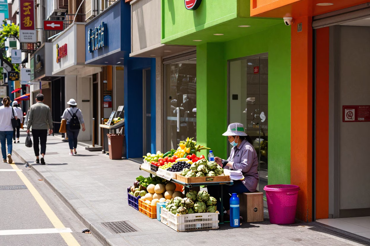 Colorful Taipei Street Scene with Water Bottle and Artichokes in Bright Midmorning Light in in Taipei, Taiwan