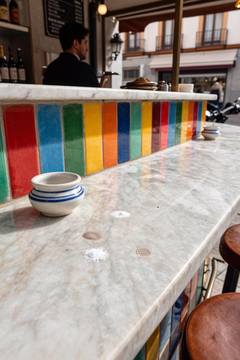 Colorful Tapas Bar Counter in Madrid Spain with Fingerprints and Salt Cellar in in Madrid, Spain