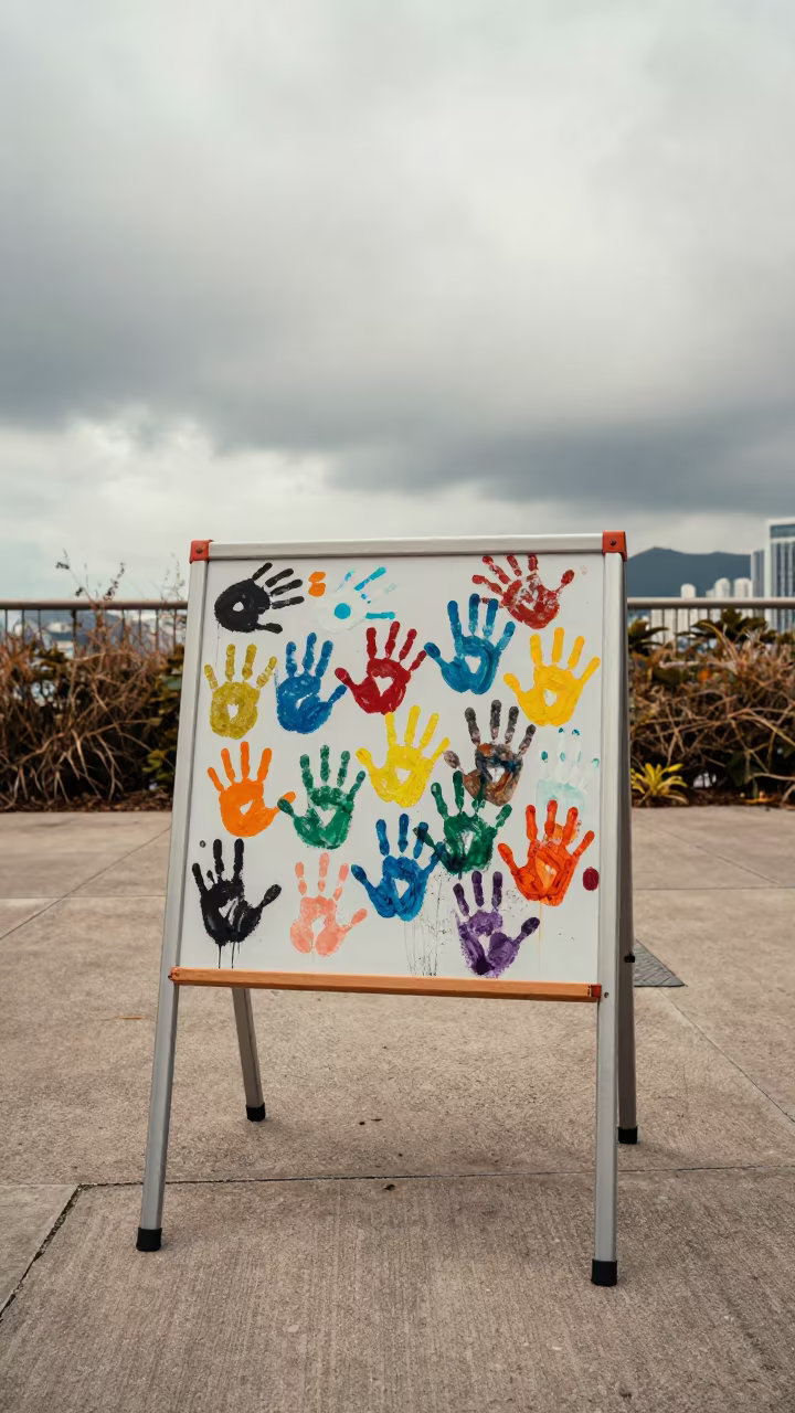 Colorful Tempera Handprints on Preschool Easel Hong Kong in along a schoolyard walkway in Hong Kong