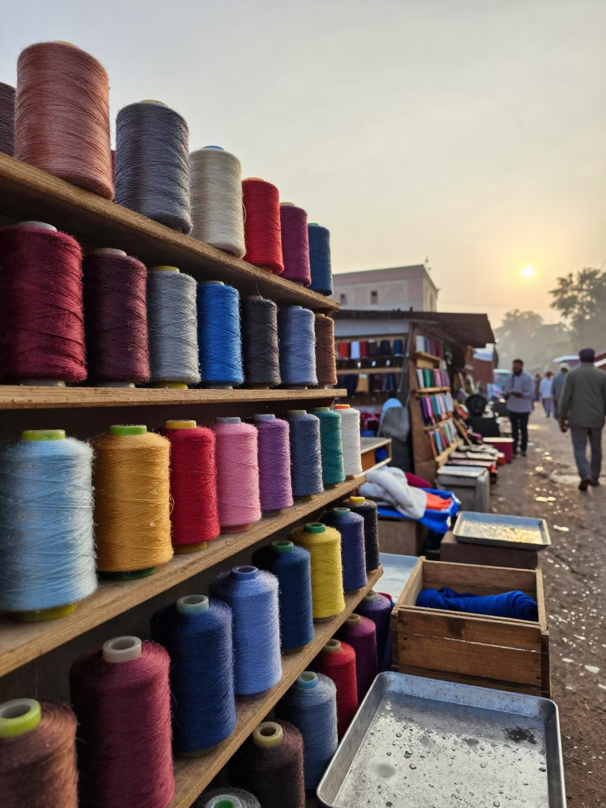 Colorful Thread Spools at Agra Market Stall in at a textile trader's stall in Agra