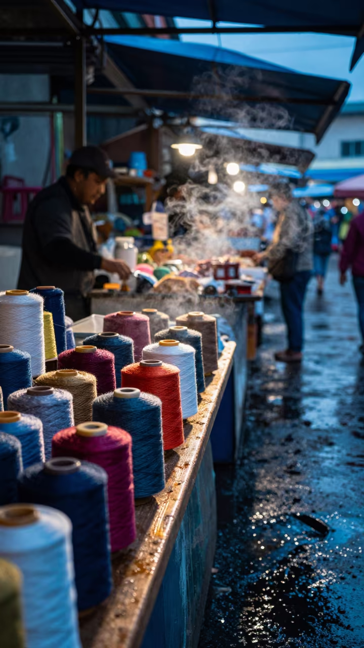 Colorful Thread Spools in Evening Market Shadow in beside a fish counter in Callao