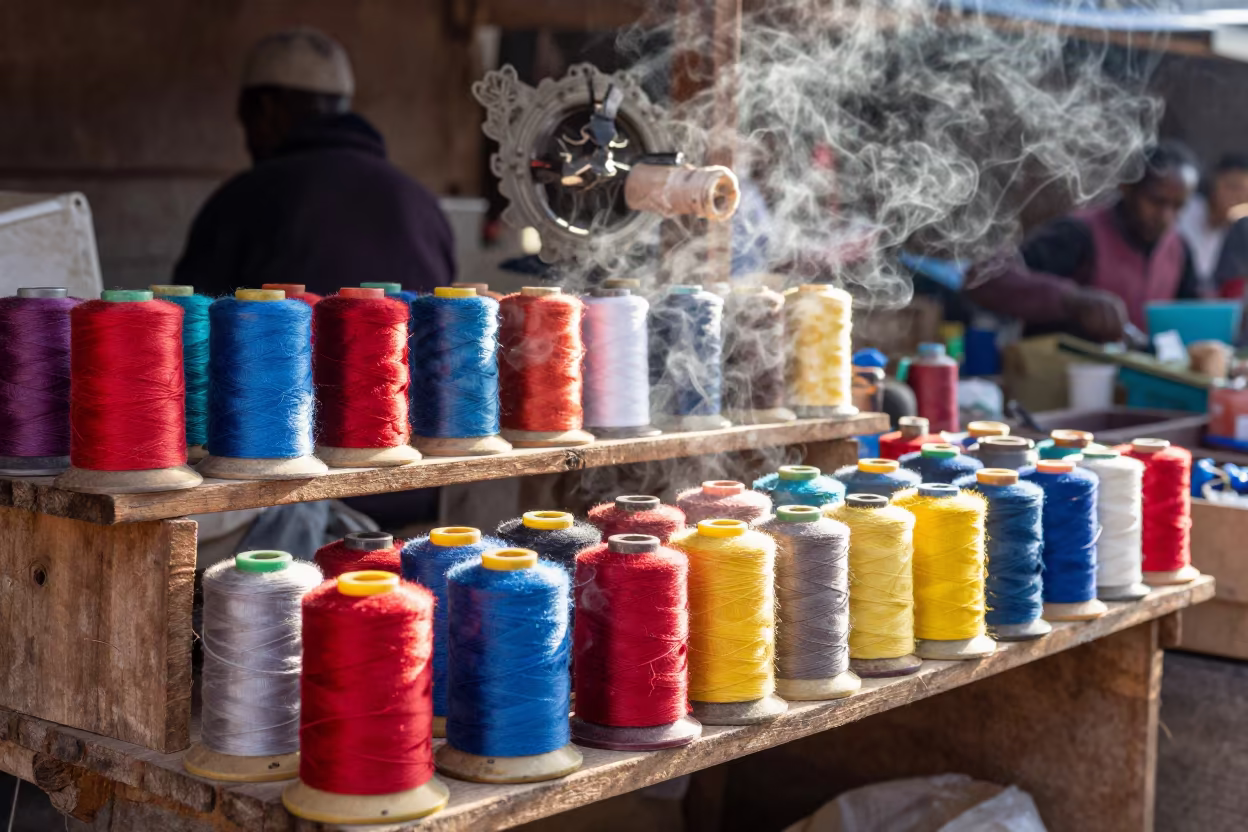 Colorful Thread Spools at Luanshya Market Stall in at a market stall in Luanshya