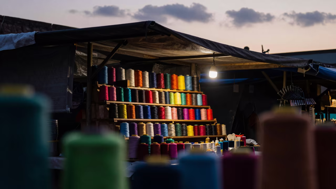 Colorful Thread Spools Dawn Market Stall Mexico City in under a market canopy in Mexico City
