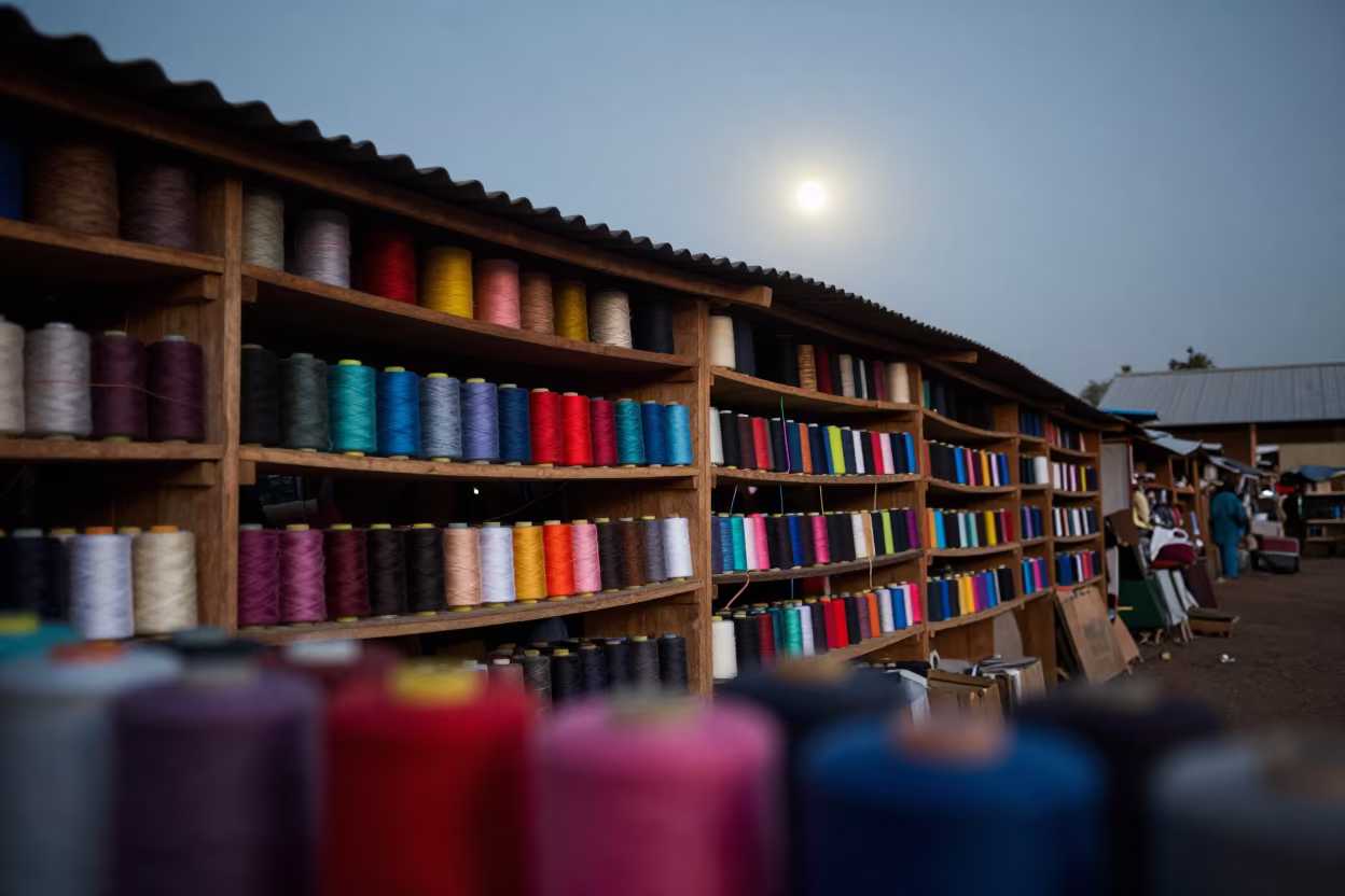 Colorful Thread Spools in Kisangani Bazaar Before Dawn in in a covered bazaar aisle in Kisangani