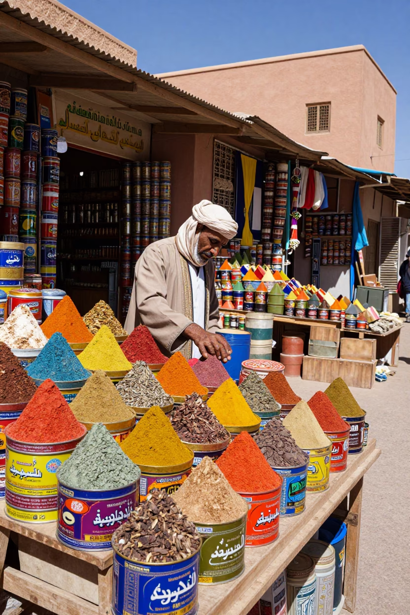 Colorful Tins in Marrakech at The Flat Glare Of Noon Light in in Marrakech, Morocco