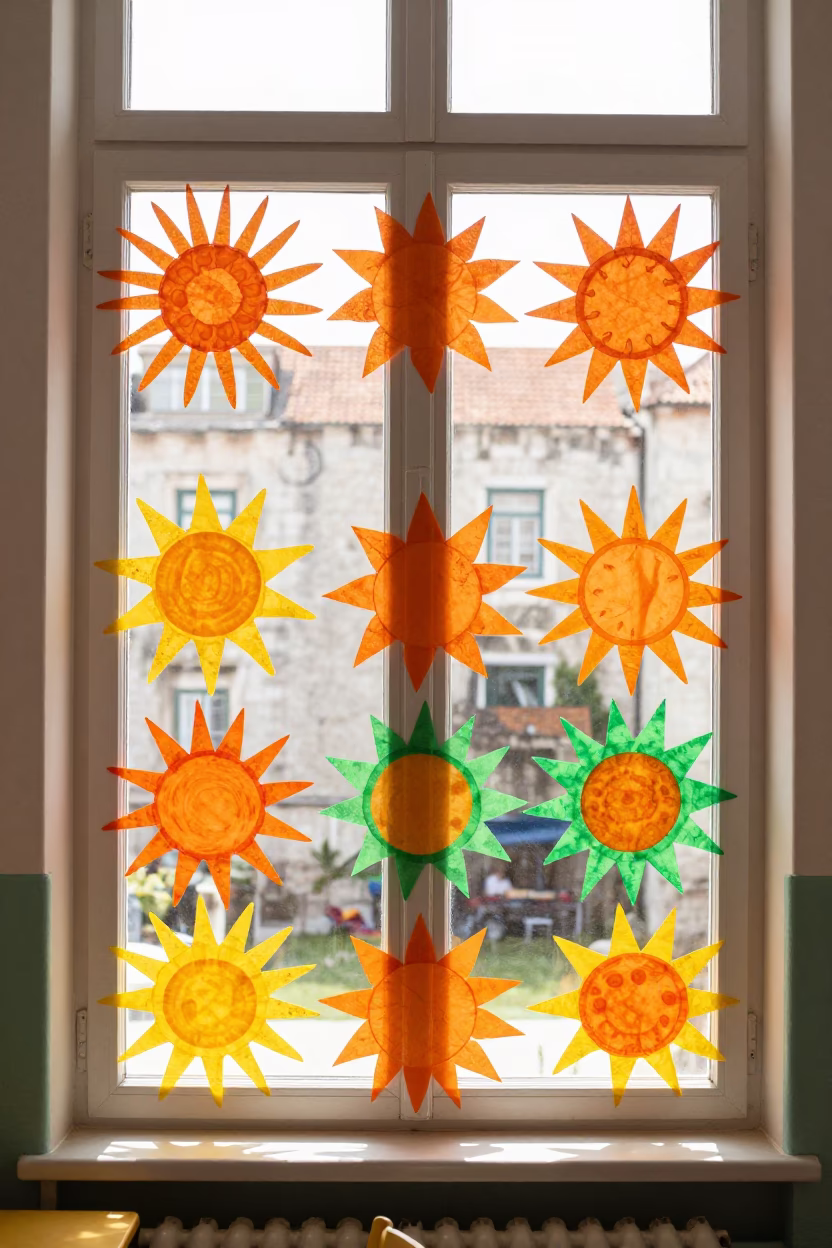 Colorful Tissue Paper Sun Crafts Displayed in Preschool Window with Dubrovnik Stone Architecture in in Dubrovnik, Croatia