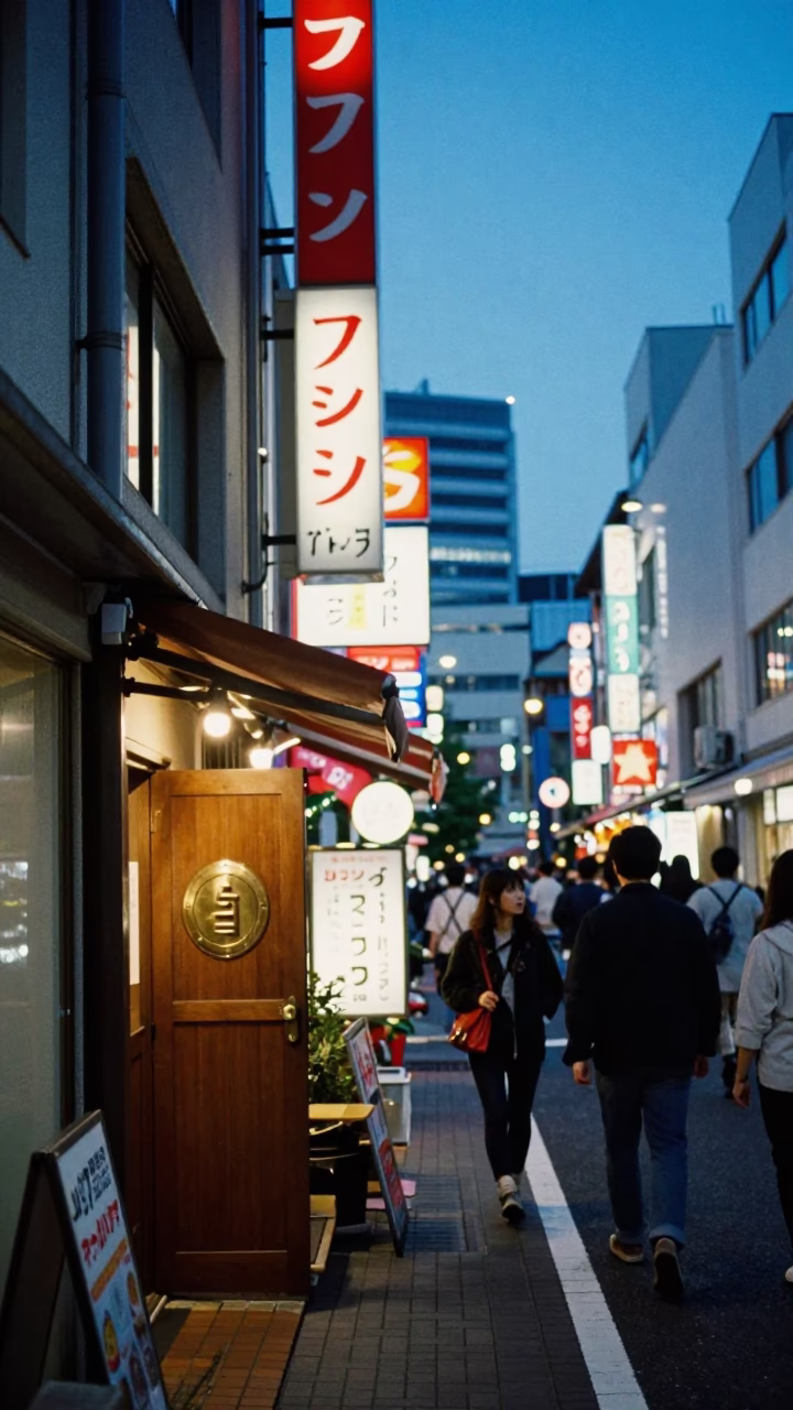 Colorful Tokyo Evening Street Scene with Neon Lights and Traditional Elements in in Tokyo, Japan