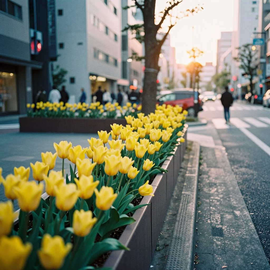 Colorful Tokyo Street Scene After Sunrise with Tulips and Urban Architecture in in Tokyo, Japan
