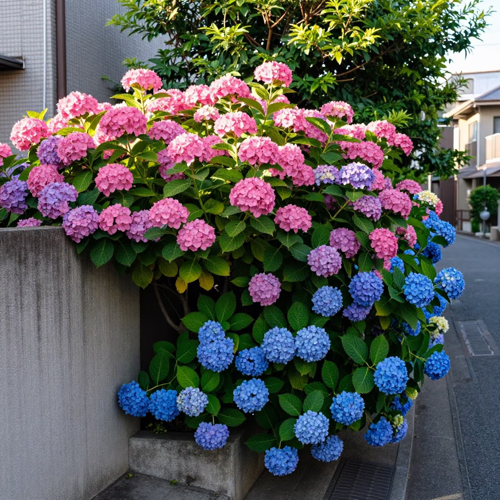 Colorful Tokyo Street Scene with Blue Hydrangea Bush and Woven Bread Basket in in Tokyo, Japan