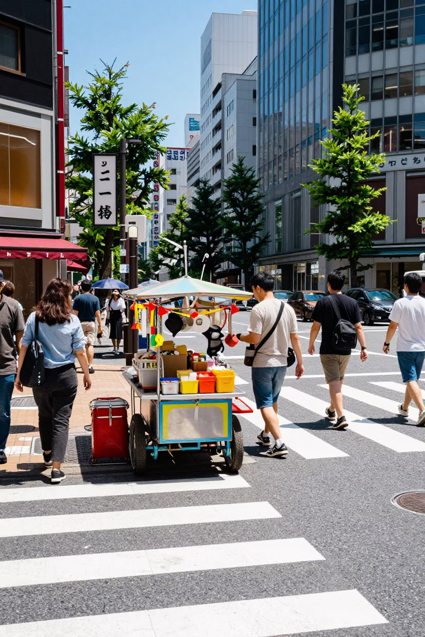 Colorful Tokyo Street Scene with Vendor Cart and Passersby in Midday Sunlight in in Tokyo, Japan