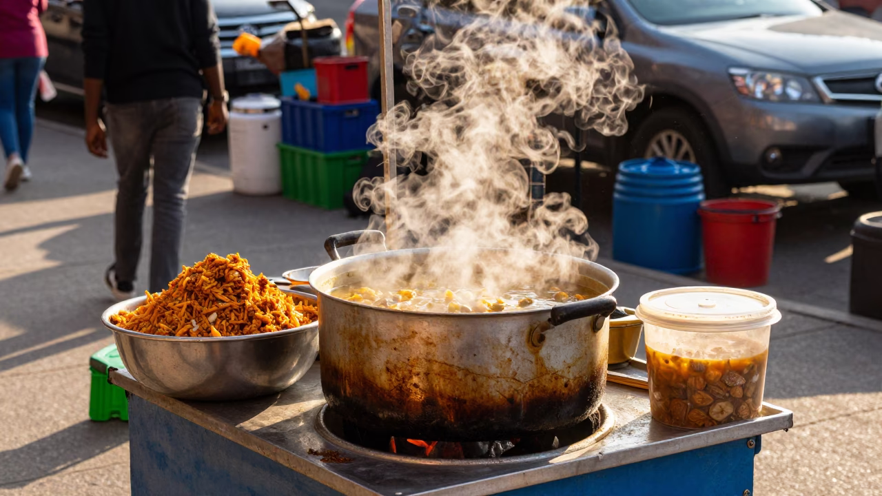 Colorful Toronto Street Vendor Selling Egusi Soup and Pounded Yam in Late Afternoon Light in in Toronto, Ontario, Canada