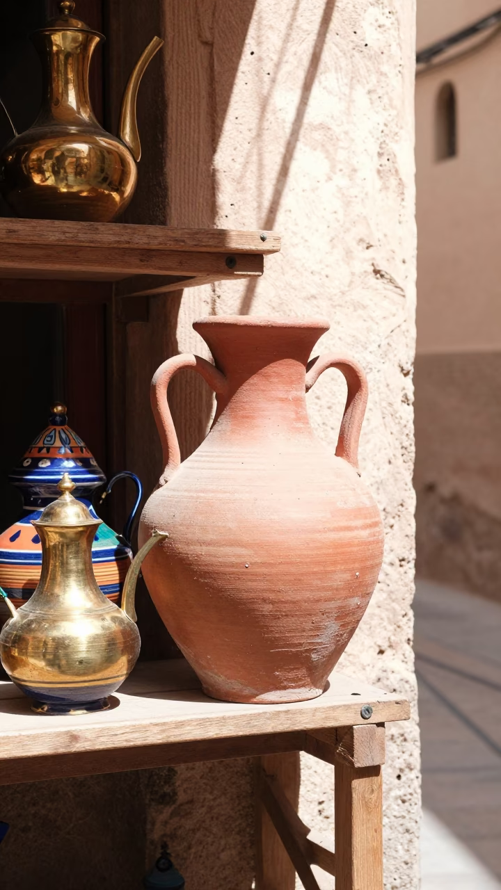 Colorful Traditional Ceramic Pot and Brass Kettle Display in Fez Morocco Souk in in Fez, Morocco