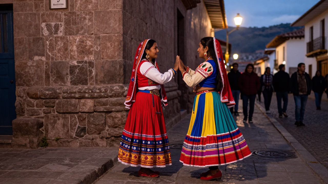 Colorful Traditional Dress Navratri Garba Dance in Cusco Peru Early Evening in in Cusco, Peru
