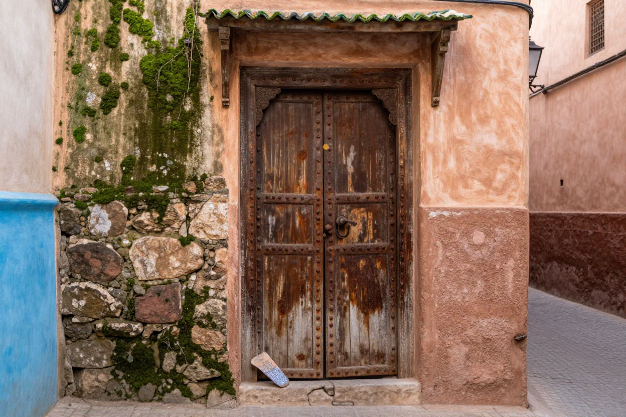 Colorful Traditional Entrance with Rust and Moss in Marrakech Morocco Late Morning in in Marrakech, Morocco