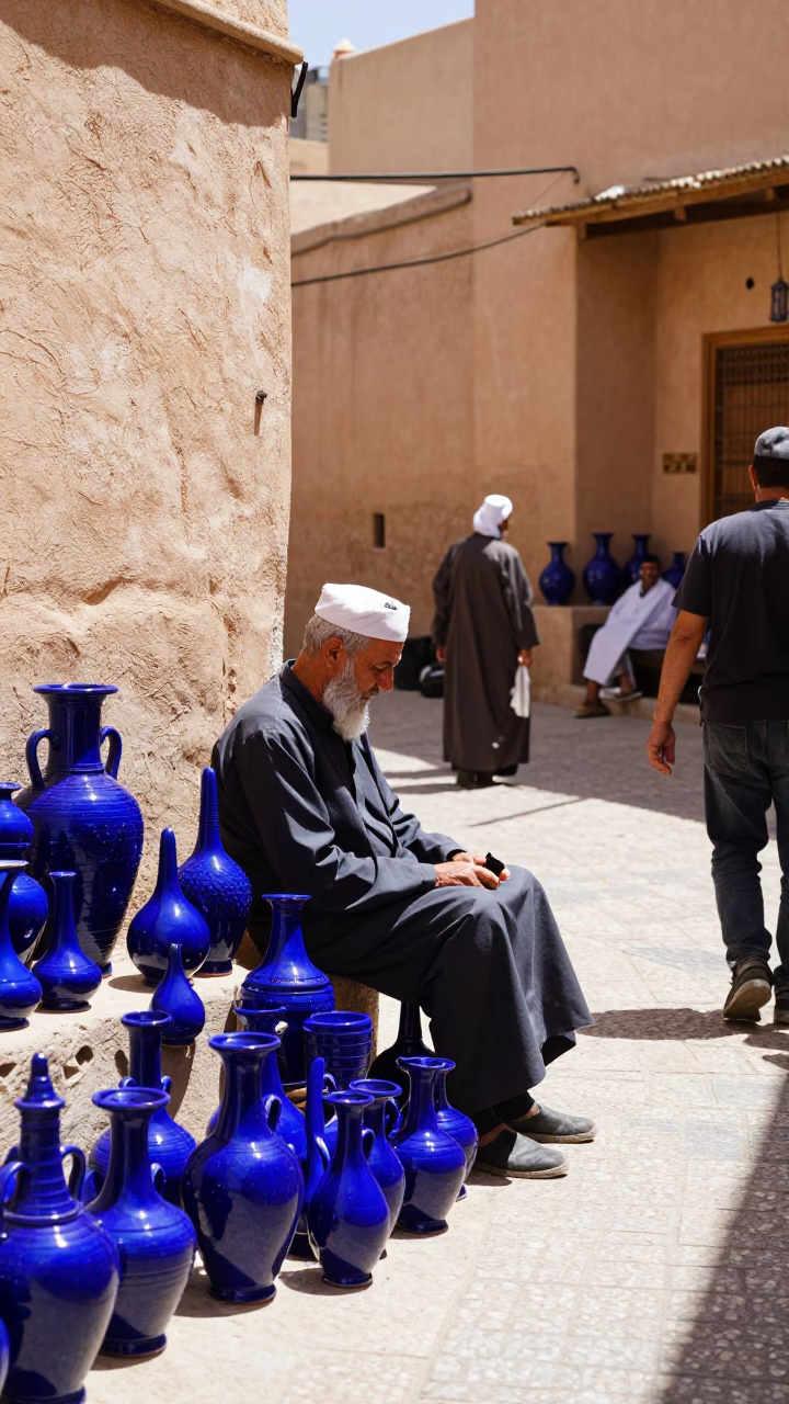 Colorful Traditional Fez Morocco Midday Street Scene with Blue Pottery and Local Market Activity in in Fez, Morocco