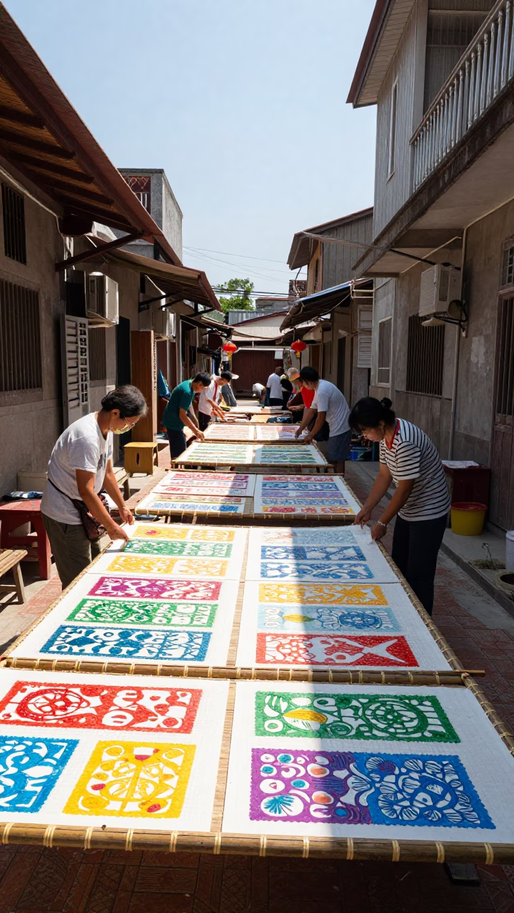 Colorful Traditional Handmade Paper Drying on Bamboo Screens in Tainan Taiwan Midday Street Scene in in Tainan, Taiwan