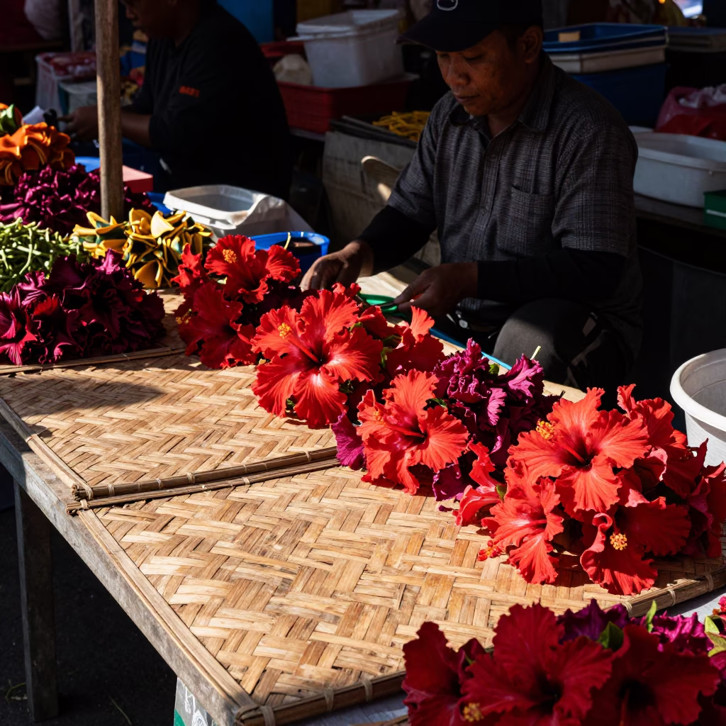 Colorful Traditional Market Stall in Surabaya Indonesia with Hibiscus and Local Commerce in in Surabaya, Indonesia
