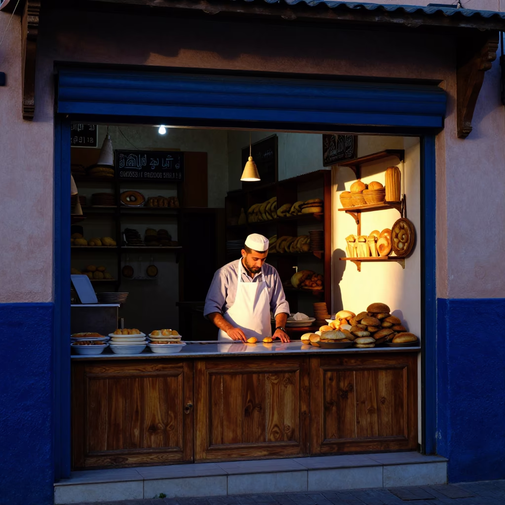 Colorful Traditional Moroccan Bakery Interior Before Dawn with Ceramic Canisters and Fresh Pastry Prep in in Marrakech, Morocco