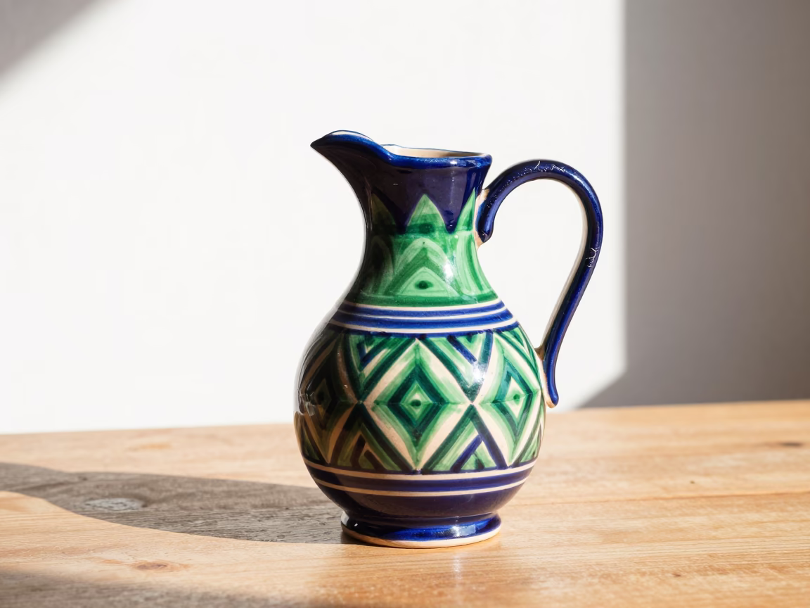 Colorful Traditional Moroccan Ceramic Pitcher with Scratched Handle in Bright Midmorning Fez Morocco in in Fez, Morocco