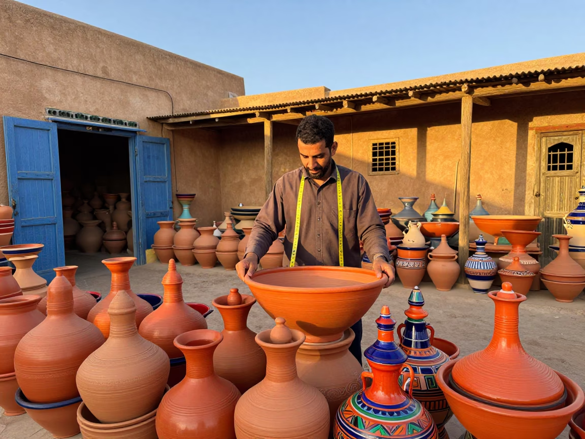 Colorful Traditional Moroccan Pottery and Measuring Tapes in Fez Medina Workshop in in Fez, Morocco