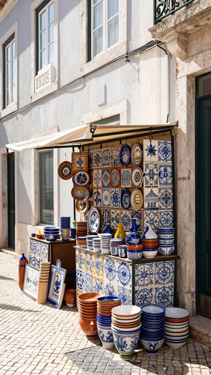 Colorful Traditional Portuguese Pottery Stall in Lisbon Midmorning Light with Stacked Ceramic Wares in in Lisbon, Portugal