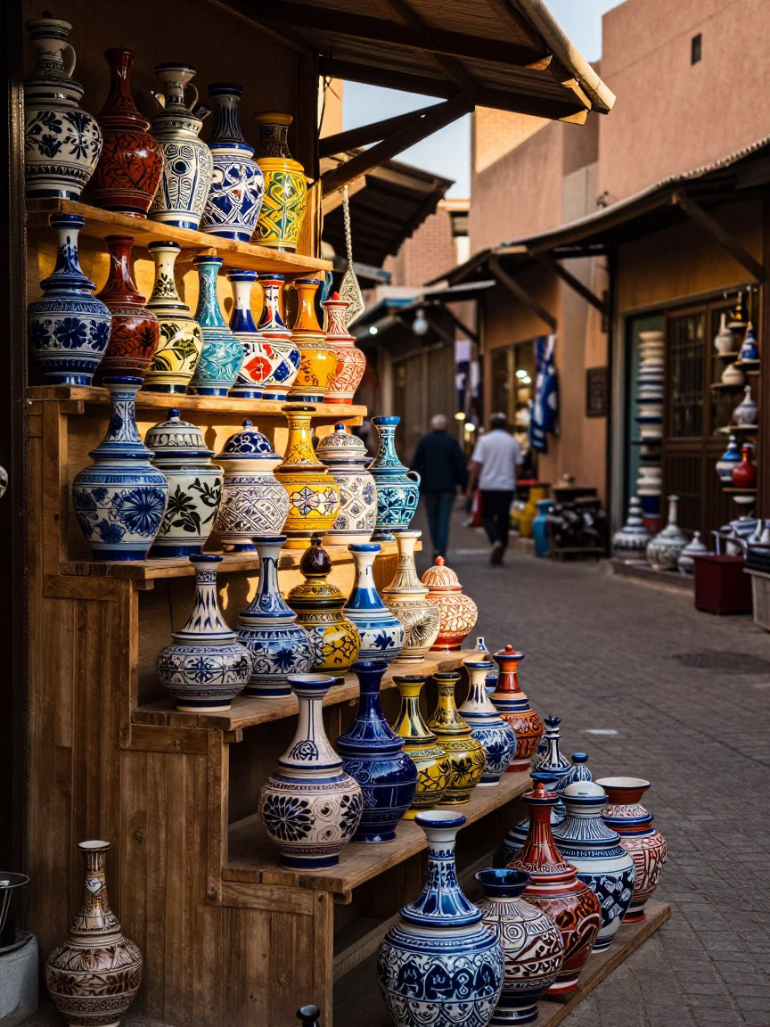 Colorful Traditional Pottery Display in Marrakech Souk at Dawn in in Marrakech, Morocco