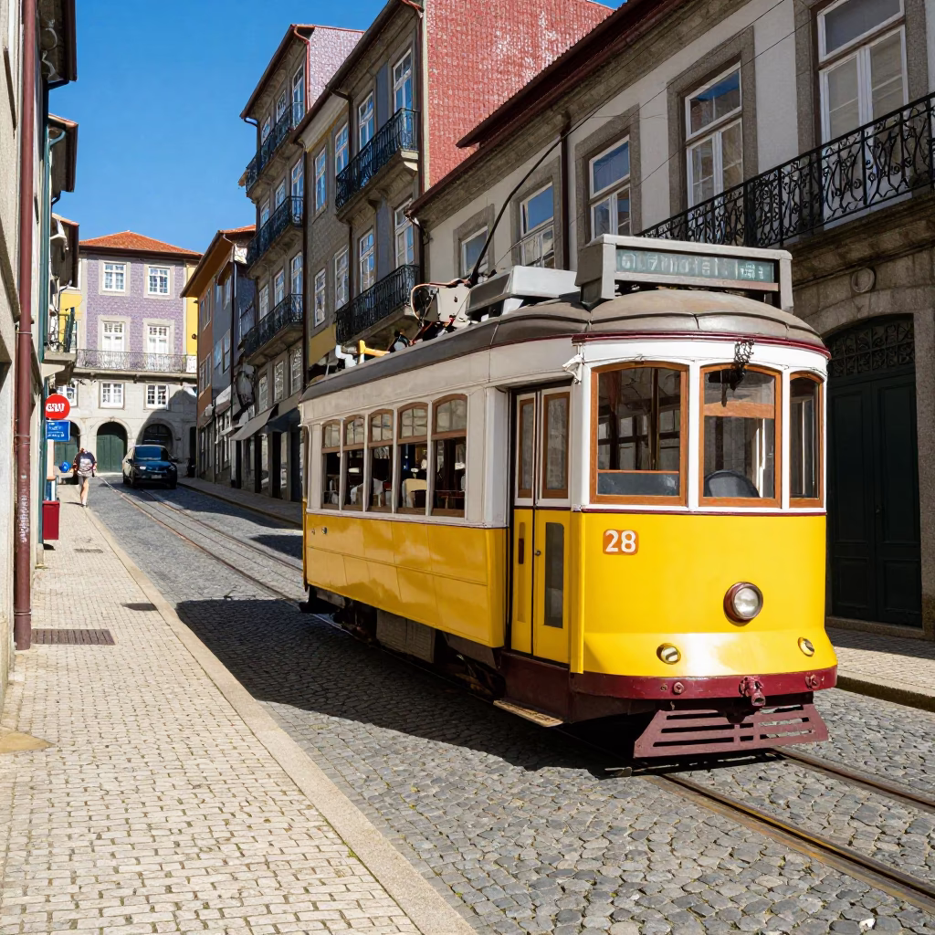 Colorful Traditional Tram 28 Passing Through Historic Ribeira District Porto Portugal Midday in in Porto, Portugal