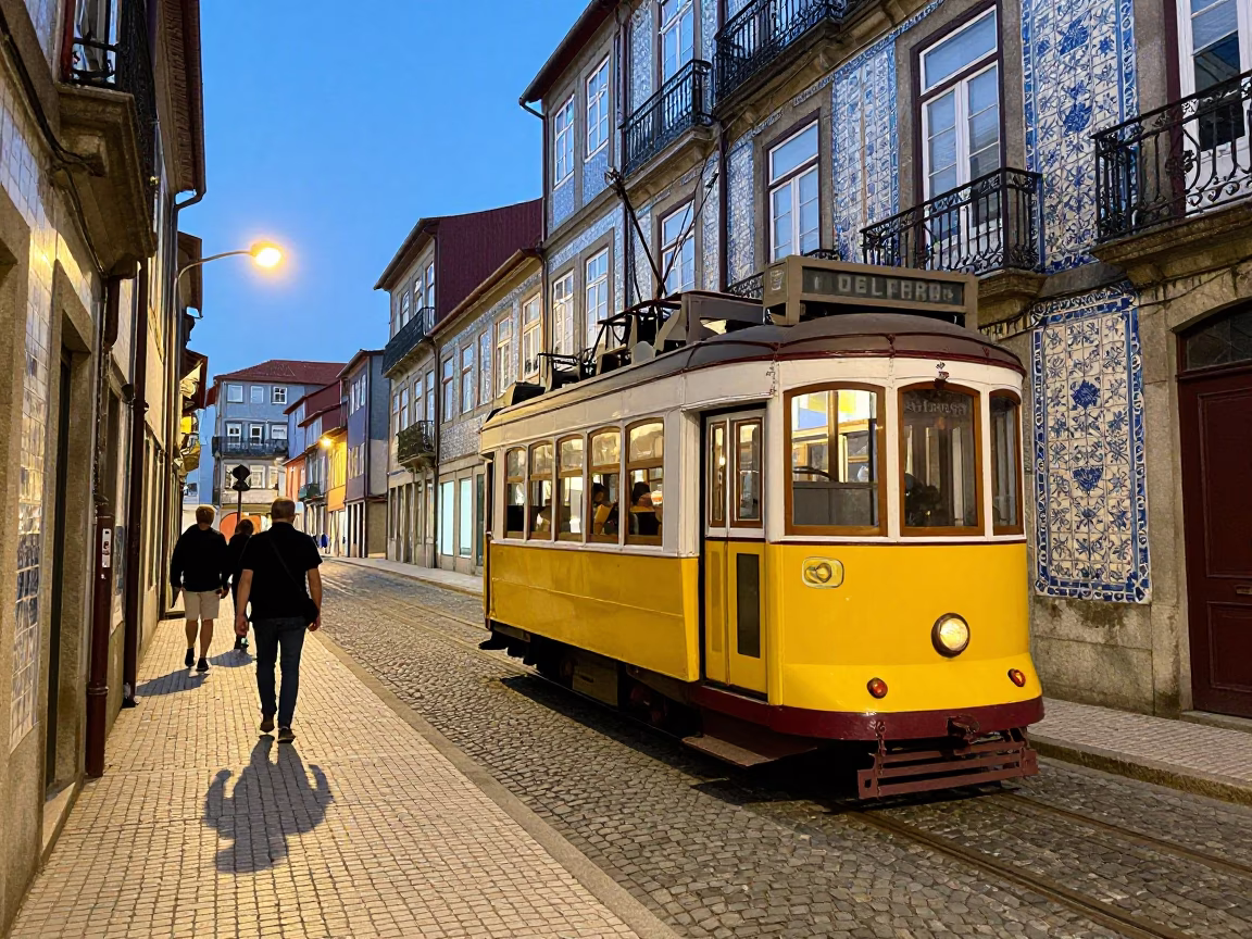 Colorful Traditional Tram and Azulejo Tiles in Porto Portugal Early Evening Street Scene in in Porto, Portugal