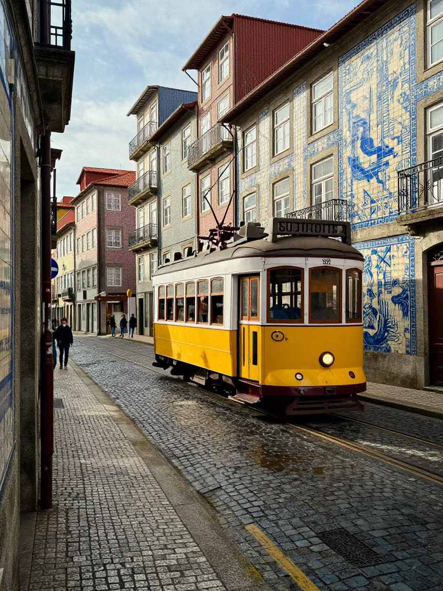 Colorful Traditional Tram and Cobblestone Street Scene in Porto Portugal Late Morning in in Porto, Portugal