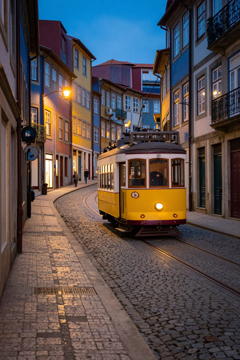 Colorful Traditional Tram Passing Historic Cobblestone Street in Porto Portugal at Dusk in in Porto, Portugal
