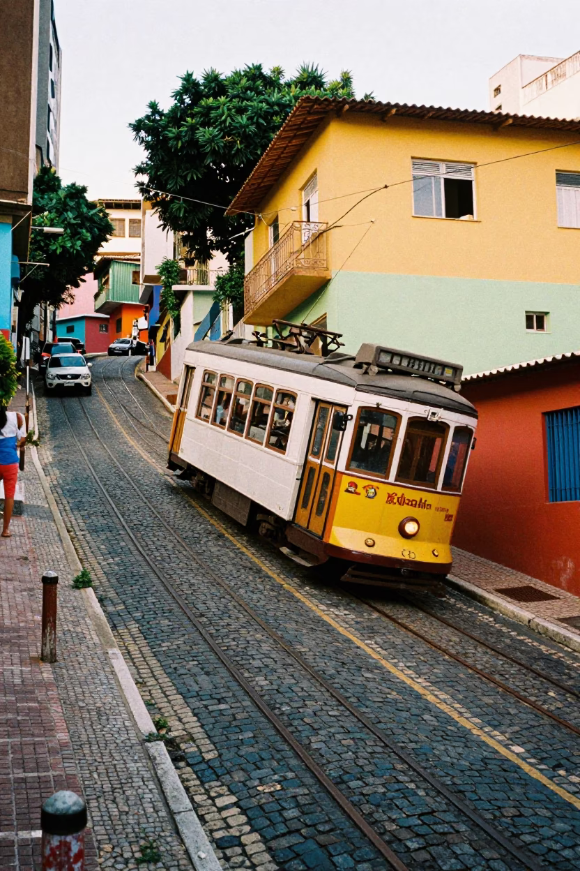 Colorful Tram Climbing Steep Hill in São Paulo Brazil Afternoon Street Scene in in São Paulo, Brazil
