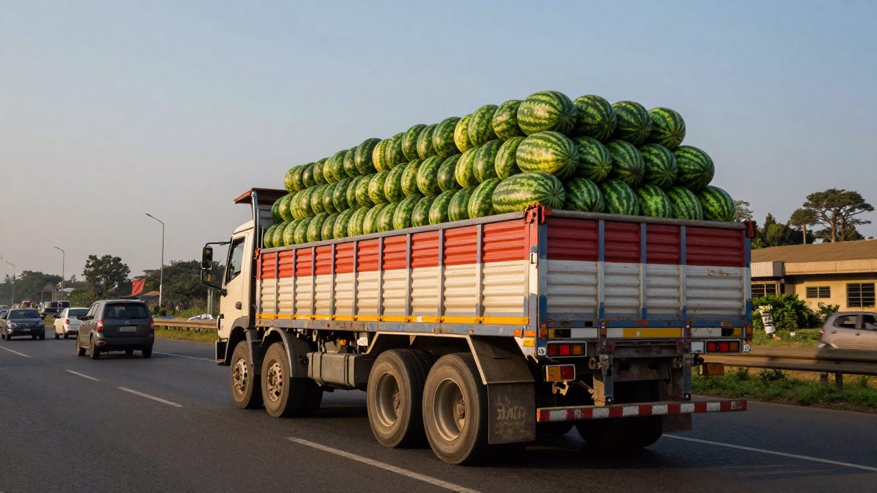 Colorful Truck Laden With Watermelons On Nairobi Highway During Early Evening Rush in in Nairobi, Kenya