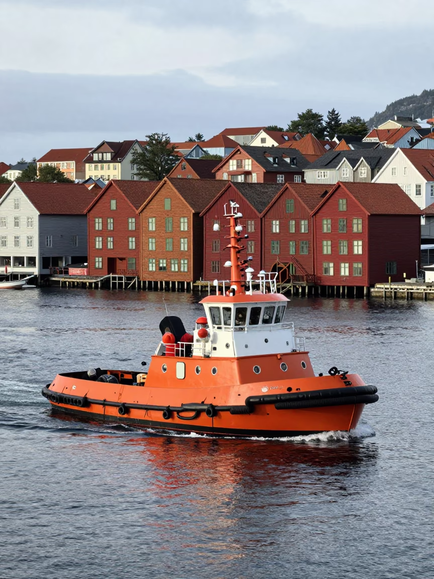 Colorful Tugboat Navigating Bergen Norway Harbor in Late Morning Light in in Bergen, Norway
