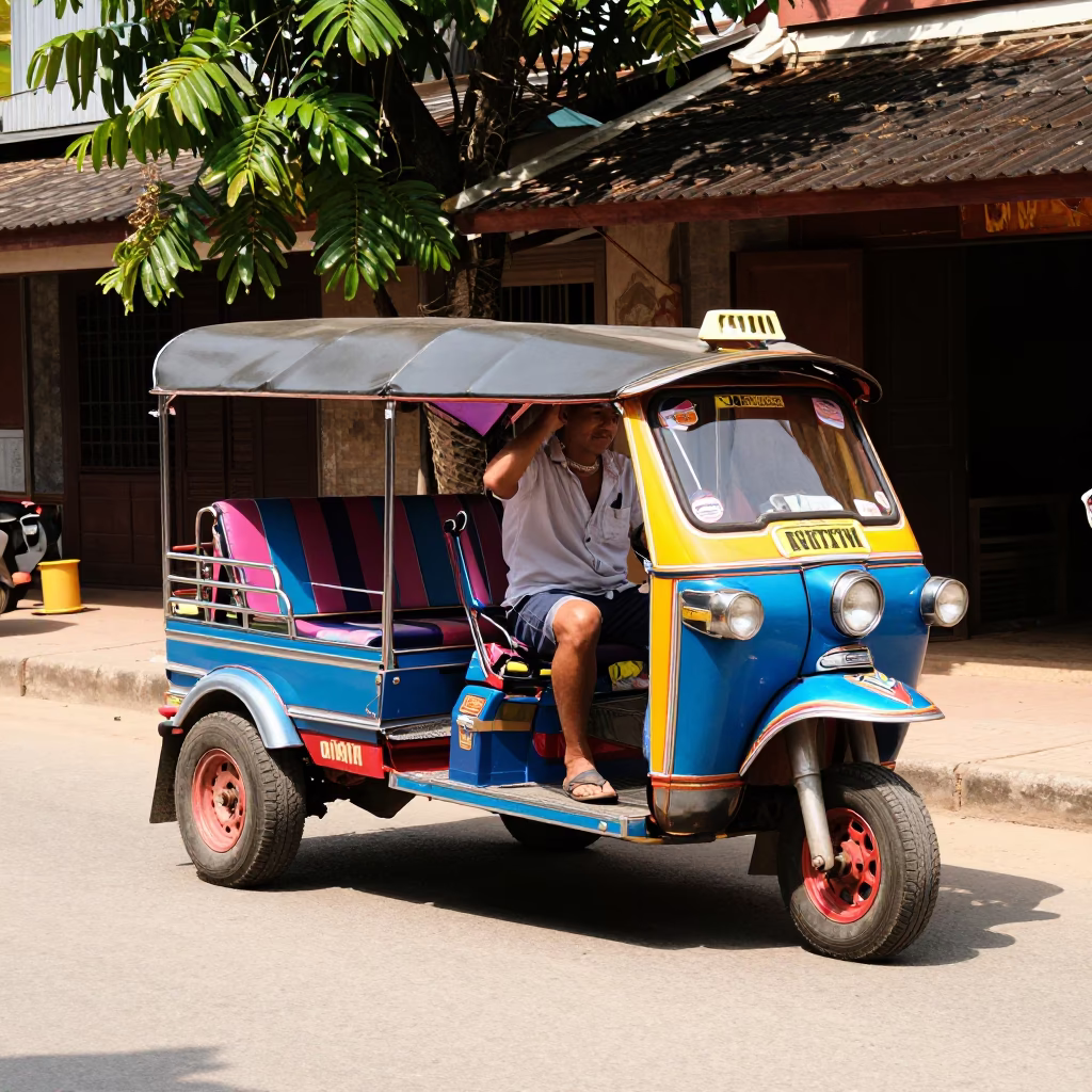 Colorful Tuk-Tuk Driver in Luang Prabang Laos Midday Street Scene in in Luang Prabang, Laos