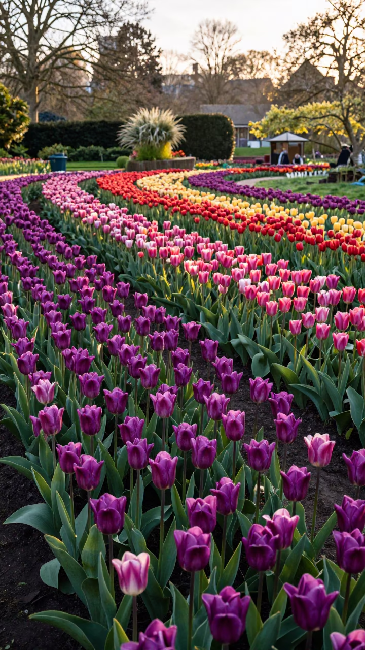 Colorful Tulip Blooms in Rows at Bristol Botanic Garden After Sunrise in in Bristol, United Kingdom