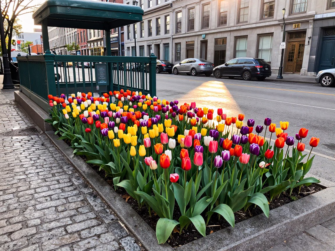 Colorful Tulips Blooming on Montreal Street Corner Near Metro Station at Sunrise in in Montreal, Quebec, Canada