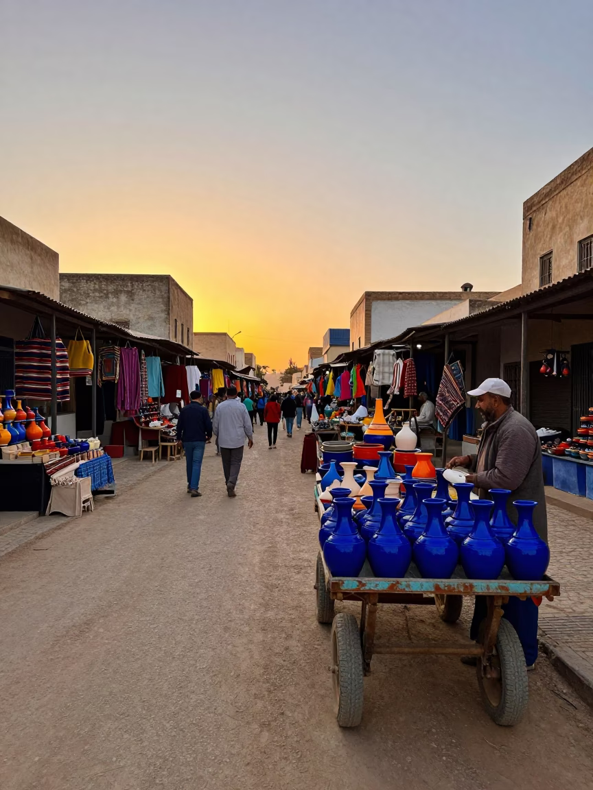 Colorful Tunisian Street Scene at Golden Hour with Local Market Activity in in Tunis, Tunisia