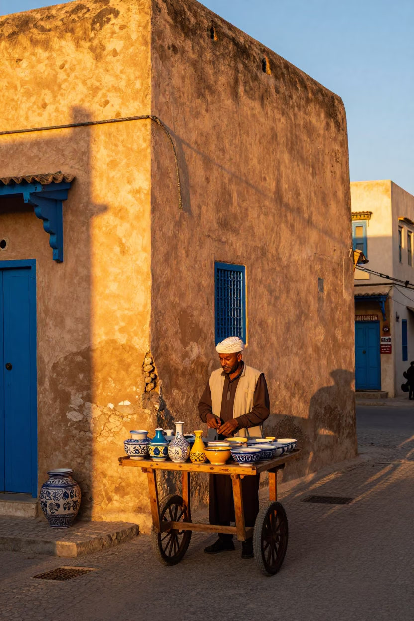 Colorful Tunisian Street Scene in Honeyed Evening Light with Local Market Details in in Tunis, Tunisia