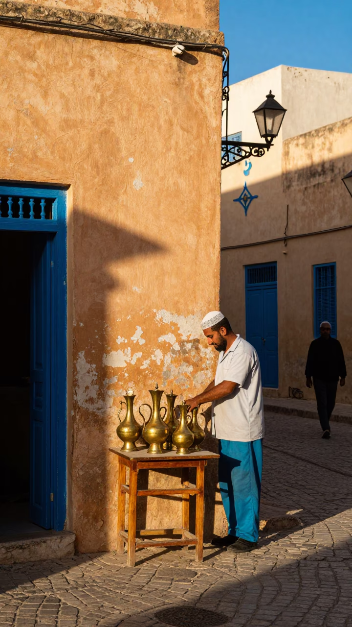 Colorful Tunisian Street Scene Late Morning with Carafe and Chair Cushion in Tunis Tunisia in in Tunis, Tunisia