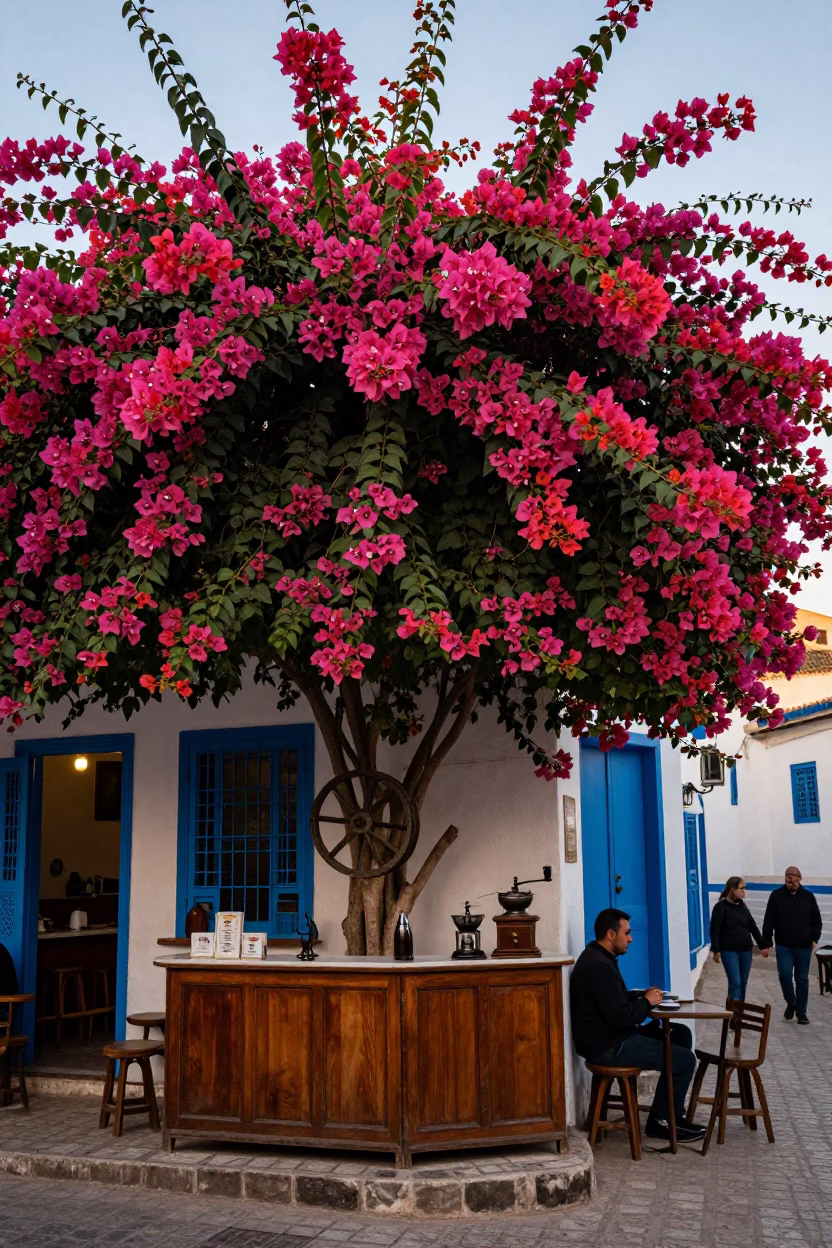 Colorful Tunisian Street Scene with Bougainvillea and Vintage Coffee Grinder at Early Evening in in Tunis, Tunisia