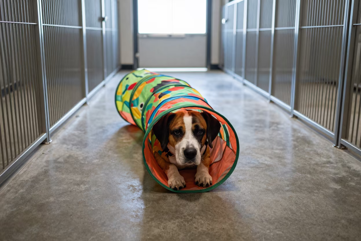 Colorful Tunnel Bin in Kennel Corridor in in a boarding kennel corridor near Leon
