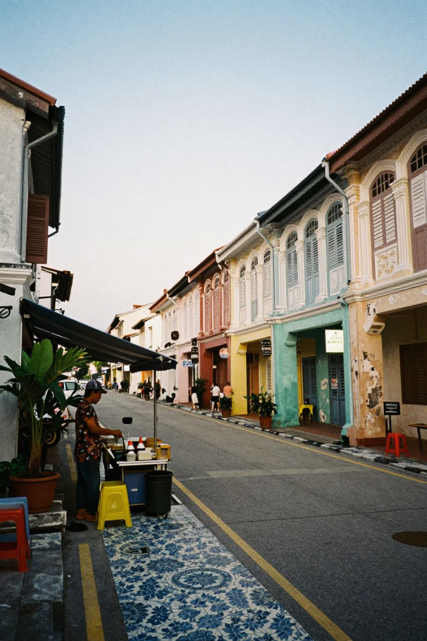 Colorful Twilight Street Scene in George Town Malaysia with Blue Floral Porcelain in in George Town, Malaysia