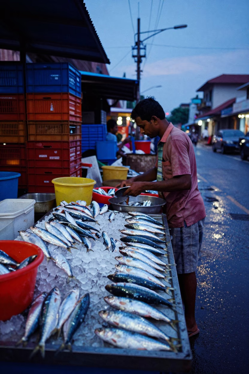 Colorful Twilight Street Scene in Kochi India with Sardines and Storage Tins in in Kochi, India